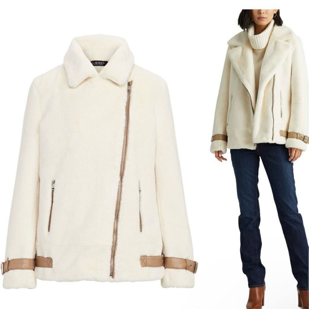 Lauren Ralph Lauren Asymmetric Faux Fur Moto Coat Women Medium Cream Lined